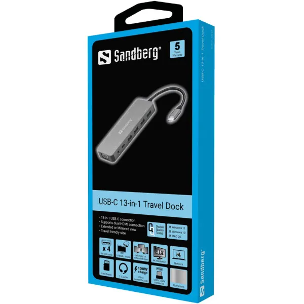 Docking station Sandberg 13in1 USB-C - 2xHDMI/VGA/LAN/3xUSB 3.0/USB C 136-45