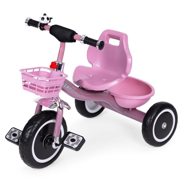 Tricikl sa neklizajućim rukohvatima, zvoncem i korpom, Pink, ECOTOYS