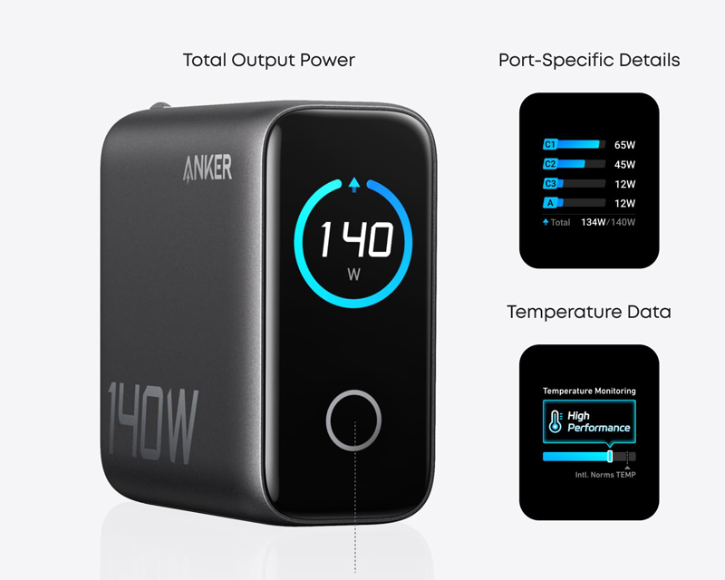 140W zidni punjač 4-porta (3x USB-C, 1x USB-A) sa USB-C M/M pletenim kablom, tamno sivi
