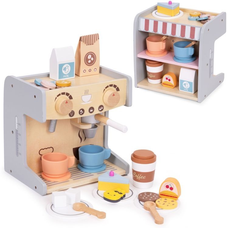 Drveni dečiji aparat za kafu 2 u 1 sa barista setom, 26 dodataka – EcoToys