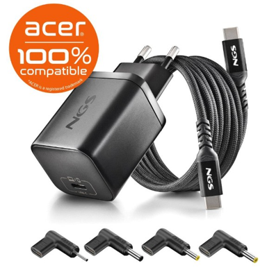 NGS GaN Power Adapter 65W-AC USBC + 1,5M USBC Cable + 4 Tips (Acer Compatible)