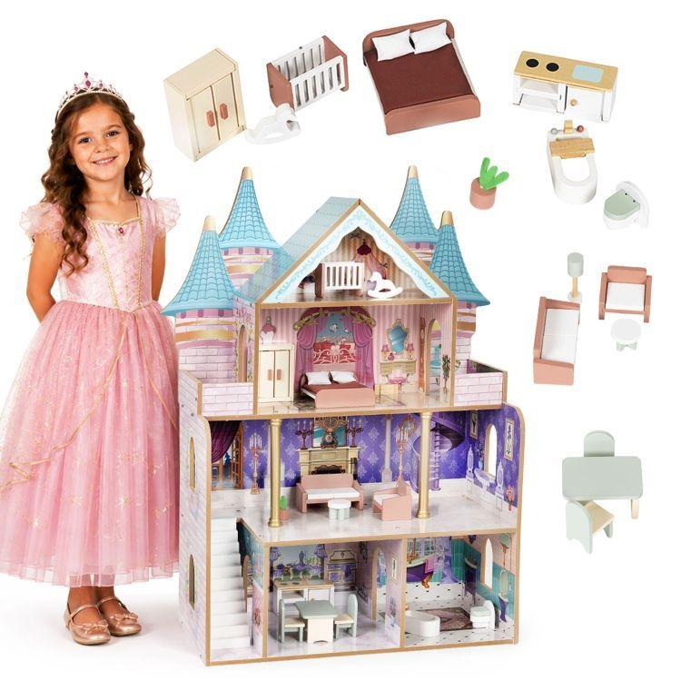 Drvena četvorospratna kućica za lutke Bella Castle, sa 15 komada nameštaja – ECOTOYS