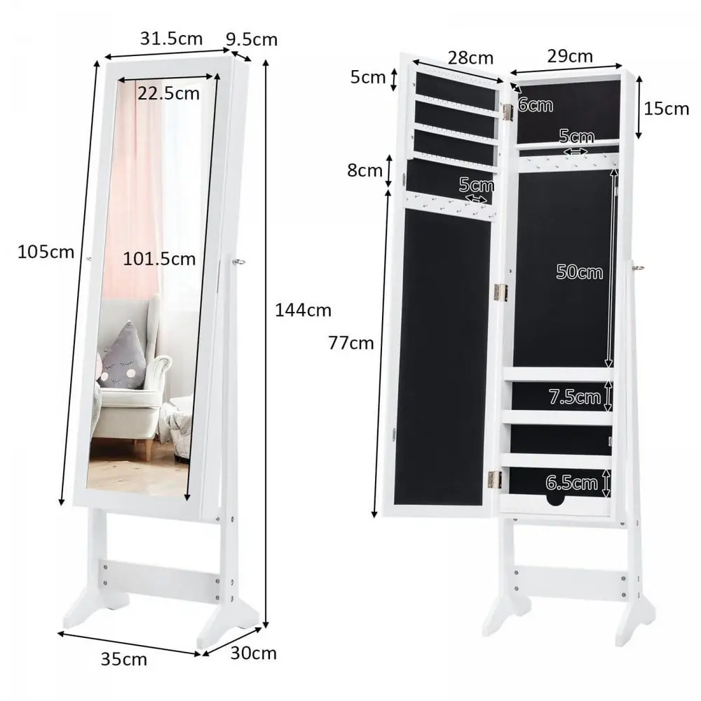 Samostojeći ormar saogledalom za nakit 144cm Beli