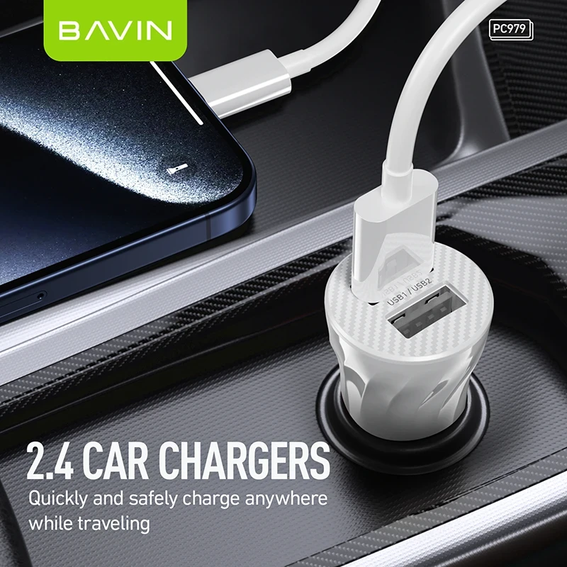 Bavin Auto punjač 2xUSB + kabl Lightning crna - PC979