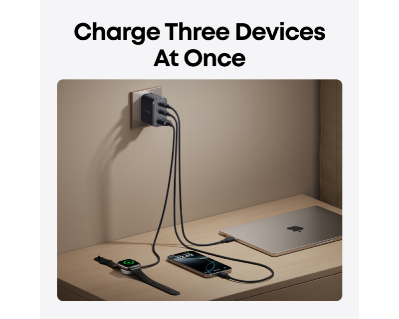Prime 70W GaN zidni brzi punjač, 3-porta (2x USB-C i 1x USB-A) crni