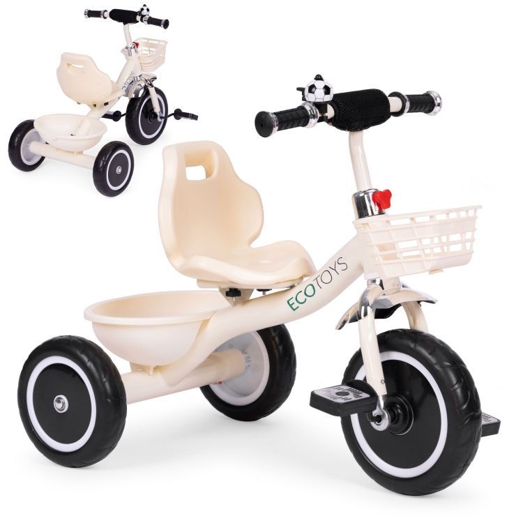 Tricikl sa neklizajućim rukohvatima, zvoncem i korpom, Beige, ECOTOYS
