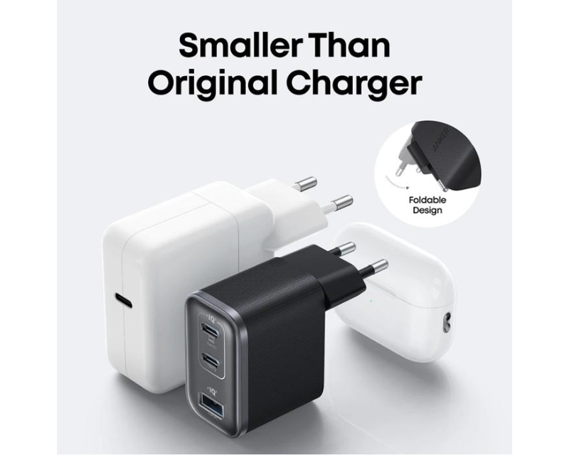Prime 70W GaN zidni brzi punjač, 3-porta (2x USB-C i 1x USB-A) crni