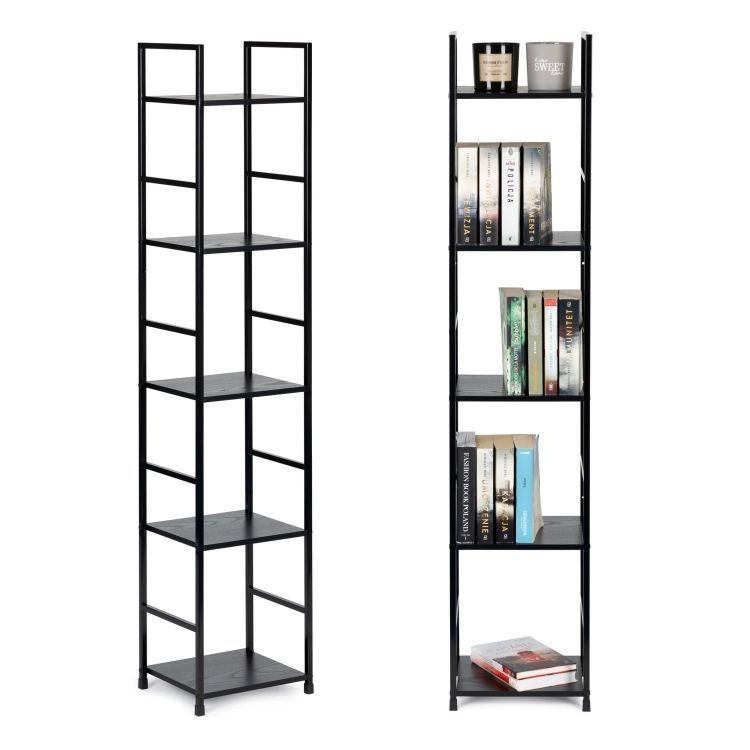 Drvena polica sa metalnim okvirom u LOFT stilu, 5 nivoa, crna- ModernHome