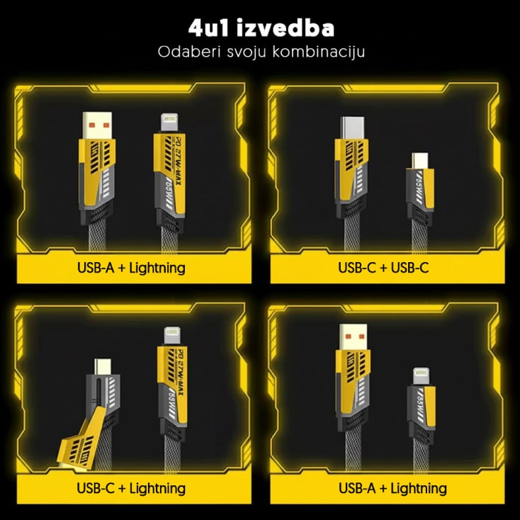 USB kabel 4u1, USB-A/USB-C/Lightning,PD65W