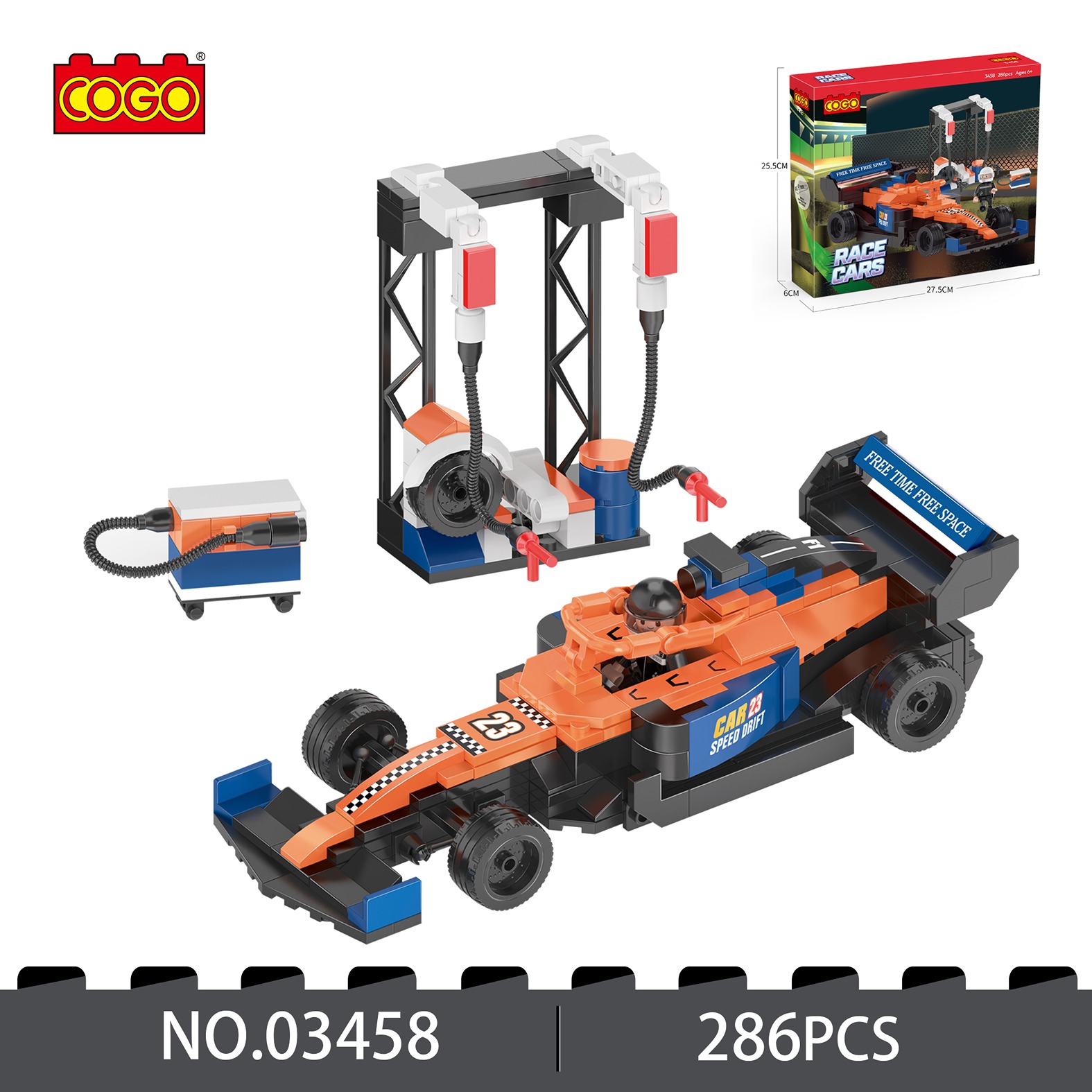 COGO TRKAČKI AUTO - FORMULA, ORANŽ - BROJ DELOVA: 286
