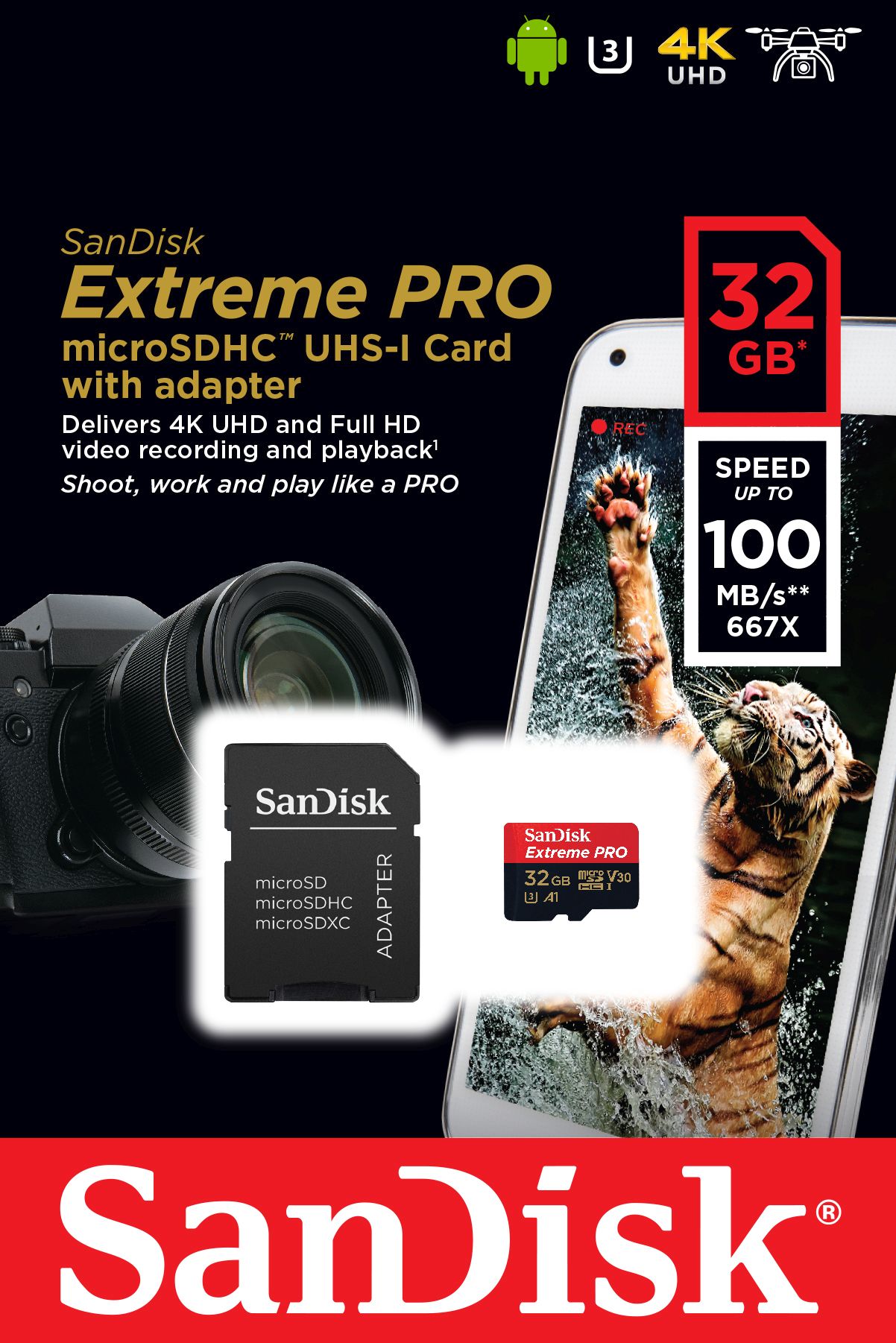 SanDisk SDHC 32GB Micro Extreme Pro 100MB/s C10 V30 U3+SD Adap.