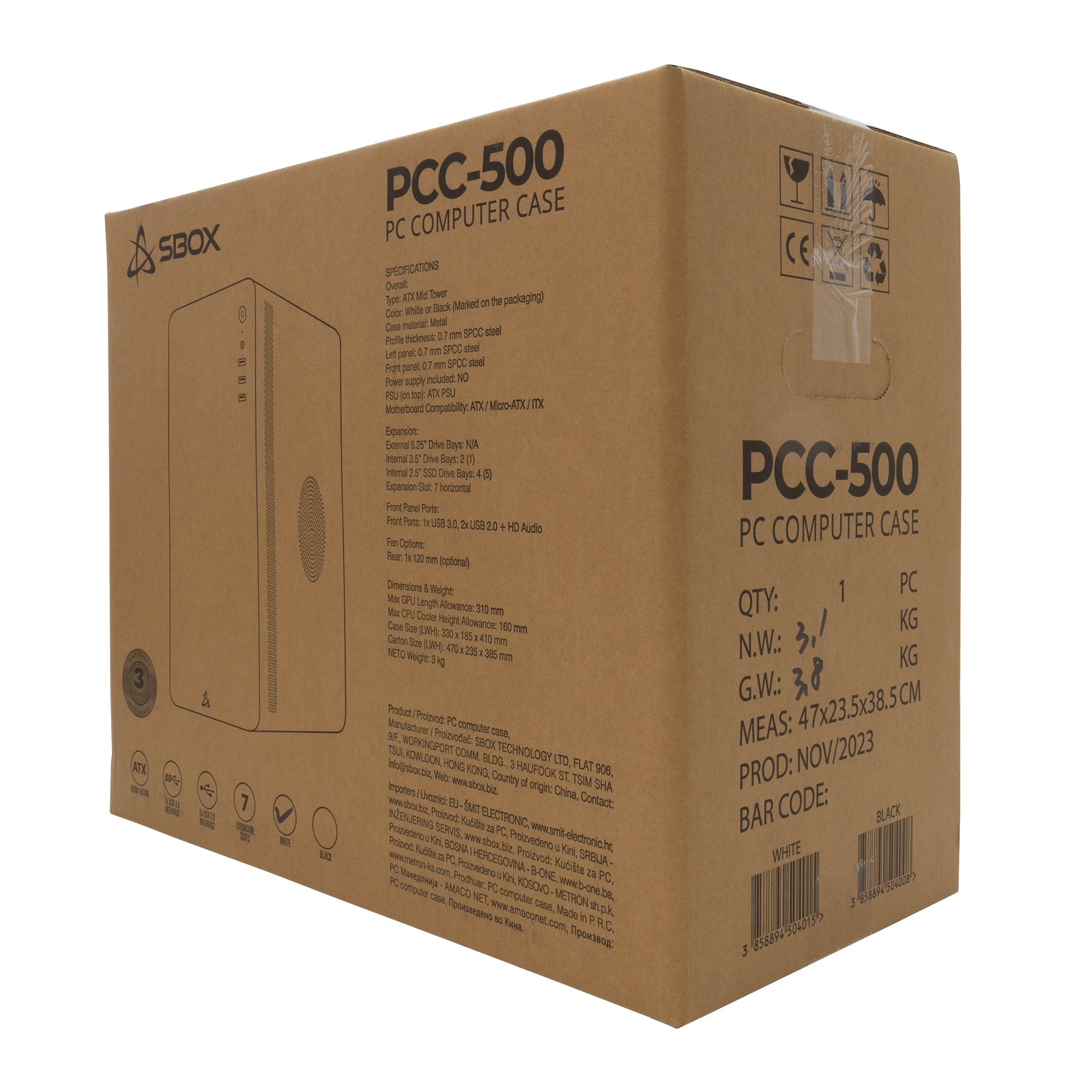 S BOX PCC 500 W, Kuciste ATX