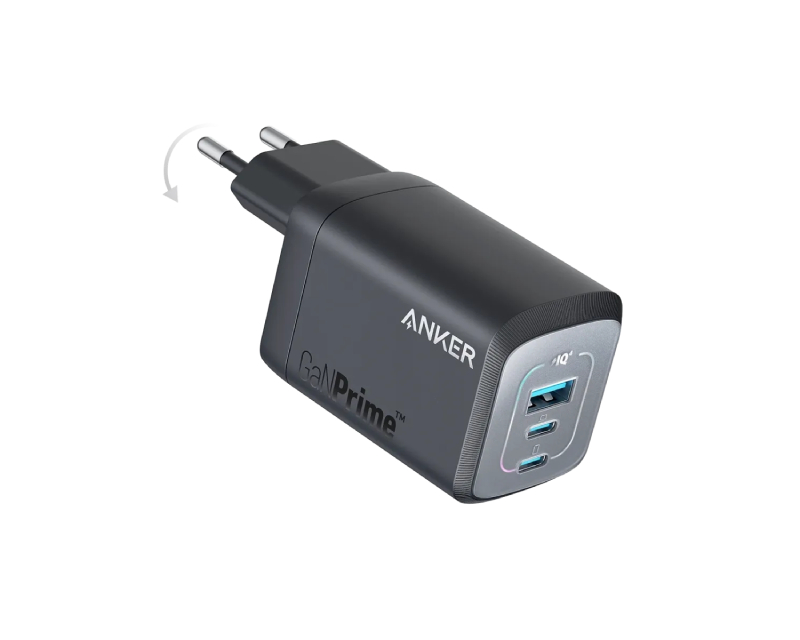Prime 67W GaN zidni brzi punjač, 3-porta (2x USB-C i 1x USB-A) crni