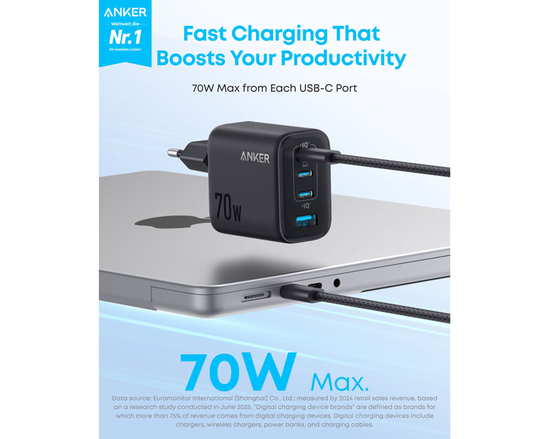Zolo 70W 4-porta(3x USB-C i 1x USB-A) zidni punjač crni
