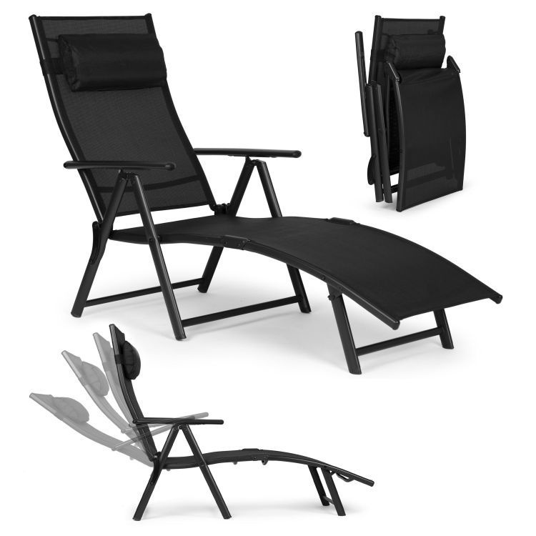 Sklopiva baštenska ležaljka za plažu sa podesivim naslonom i čeličnim ramom, Black, MultiGarden
