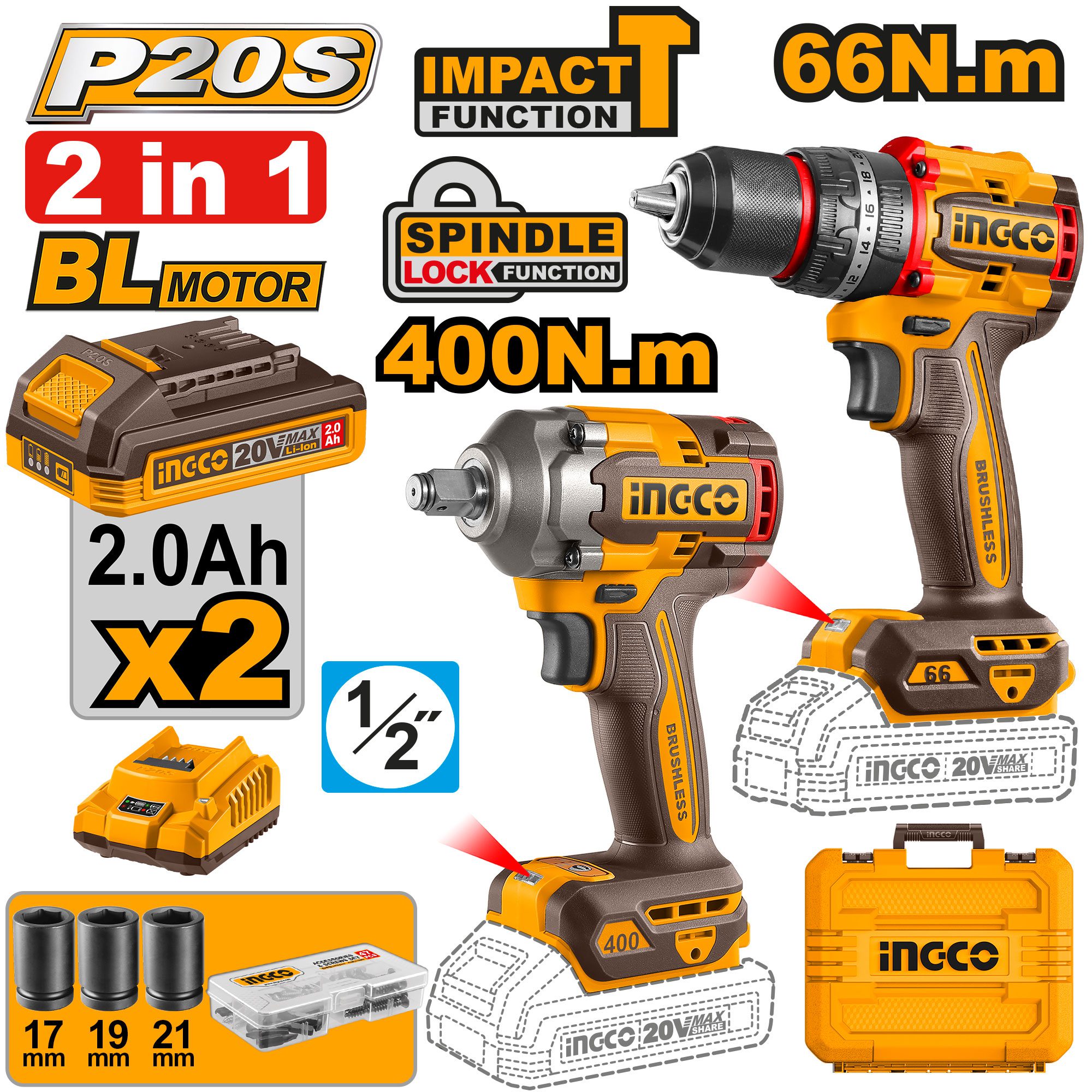 Super Ingco Aku Set Udarna Bušilica + Udarni Odvijač 20V + 2 Baterije I Punjač