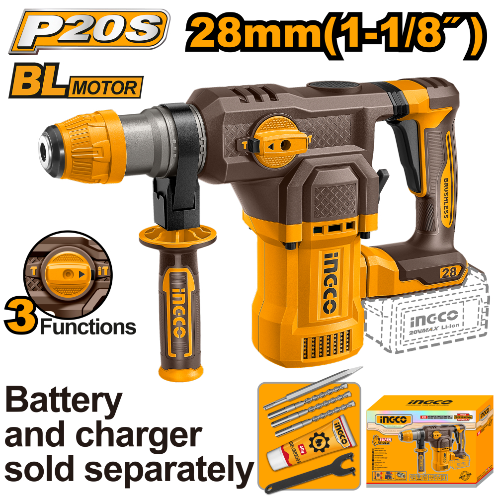 INGCO CRHLI20286 aku hamer SDS-plus 28 mm 4.5 J solo