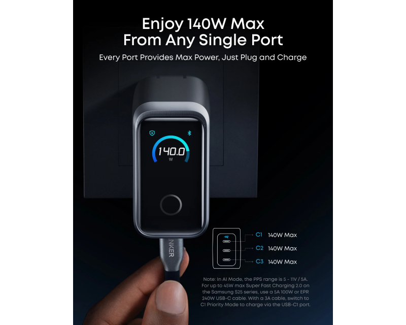 Prime 160W GaN zidni brzi punjač, 3-porta (3x USB-C) srebrni