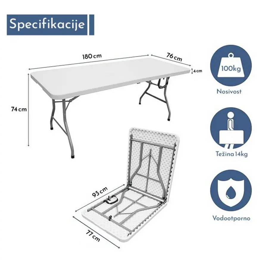 ARNEA Sklopivi Sto 180x76x74cm