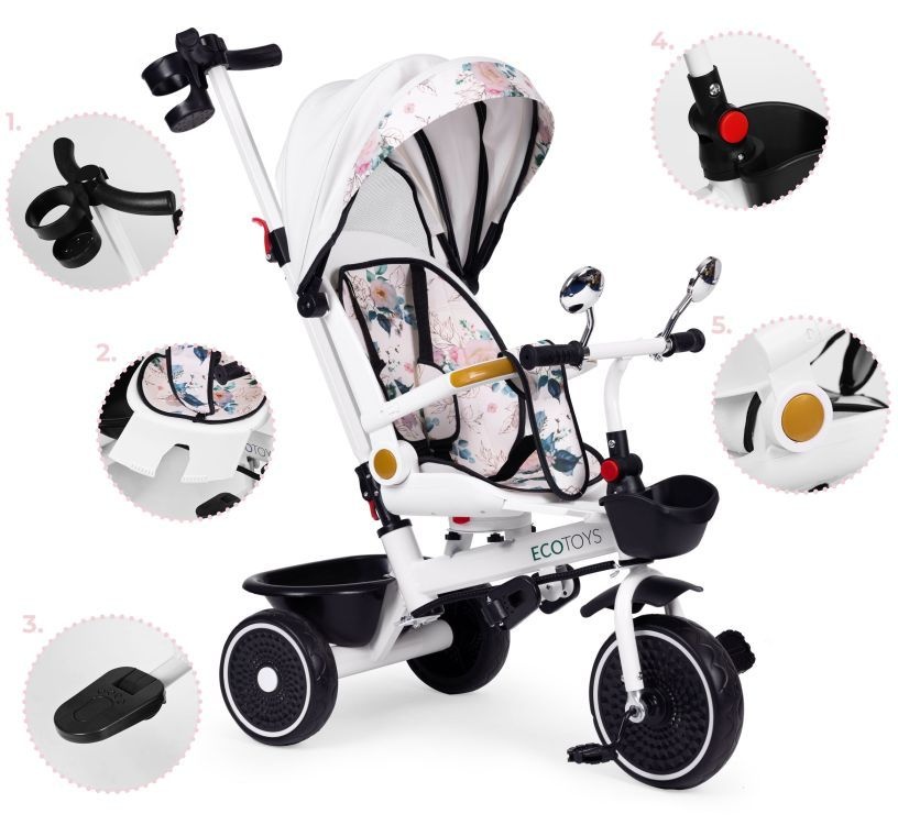 Tricikl za decu sa rotirajućim sedištem, gurajućim rukohvatom i tendom white, ECOTOYS