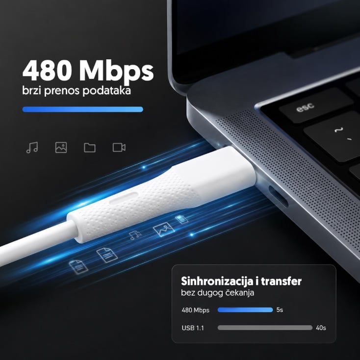 USB-C na USB-C silikonski kabel, PD60W, 1m