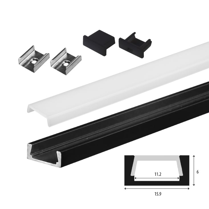 Set aluminijumski profil za LED trake 2m 15x6 mm crni
