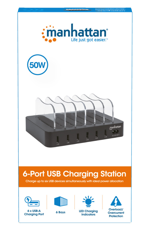 USB punjač 6-port Manhattan 102254 5V/2.4V/50W/držač za telefon Crni