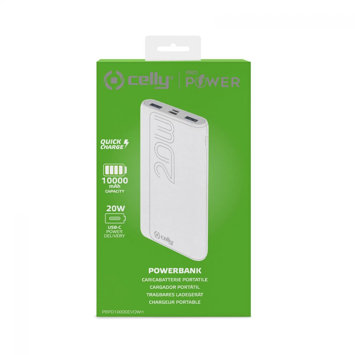 Celly power bank 10000 mAh 20W + kabl Type-A na Type-C bela