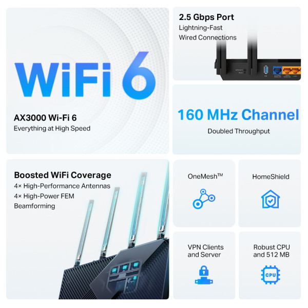 LAN Router TP-Link Archer AX55Pro AX3000/WiFi6/4 2.5G LAN