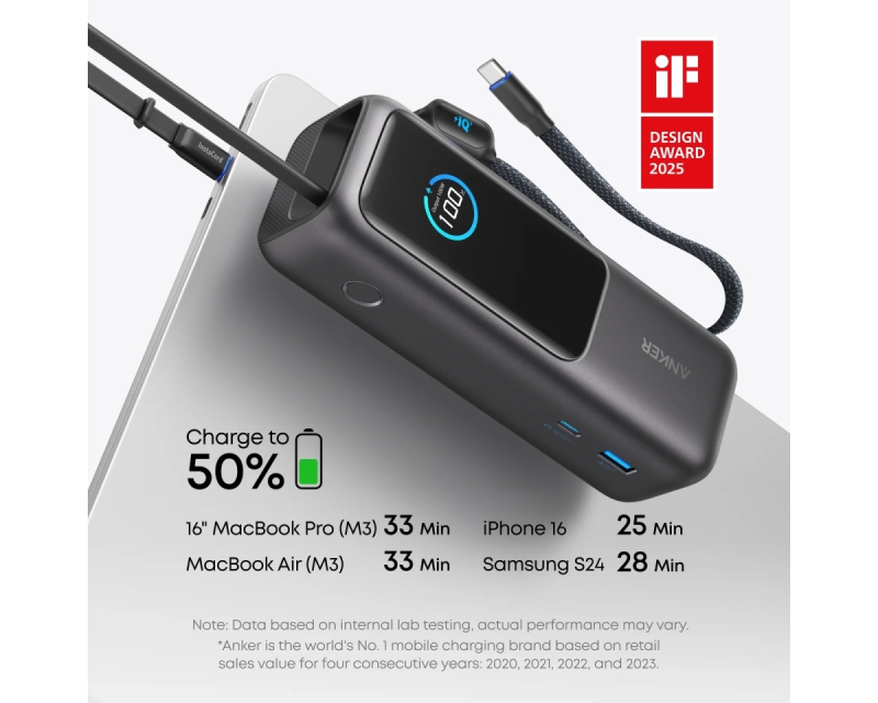25000mAh, 165W, sa ugrađenim USB-C kablom na izvlačenje, Power Bank crni