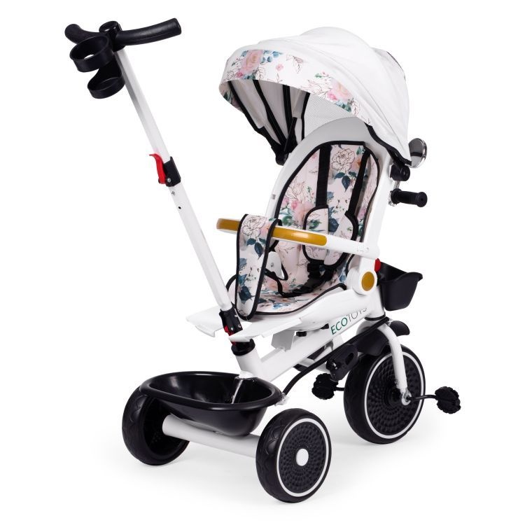 Tricikl za decu sa rotirajućim sedištem, gurajućim rukohvatom i tendom white, ECOTOYS