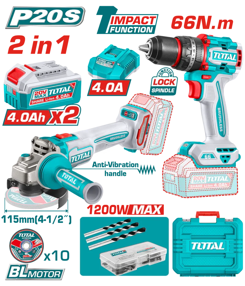TOTAL Aku Ugaona Brusilica 115 mm i Aku Udarna Bušilica 66 Nm + 2 baterije 4Ah i punjač